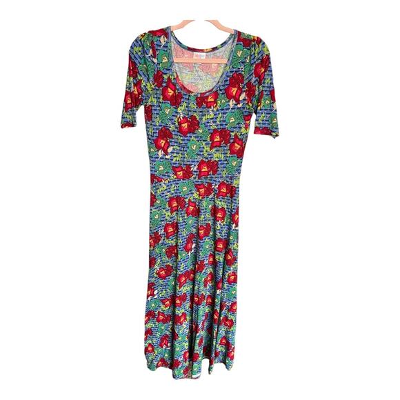 Lularoe Ana Maxi Dress blue red floral 1/4 sleeve scoop neck size medium - Picture 1 of 5